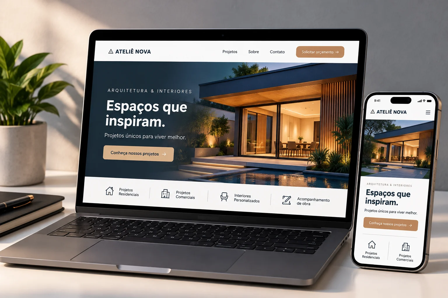 Exemplo demonstrativo de site profissional Ateliê Nova exibido em notebook e celular