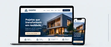 Mockup ilustrativo de site de engenharia civil em notebook e celular